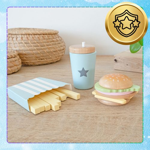 Fából készült nagy hamburgerkészlet gyerekeknek oktató játék sült krumpli ital
