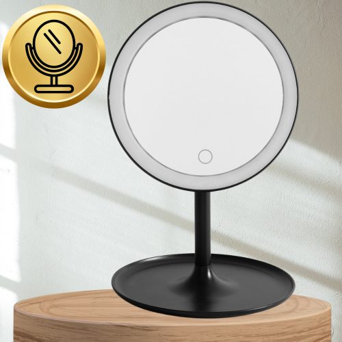 Kozmetikai kerek LED-es megvilágítású sminktükör fekete