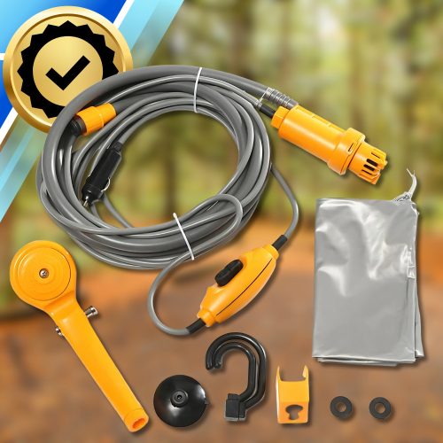 Hordozható kempingzuhany, 12 V-os autótöltővel működtetve