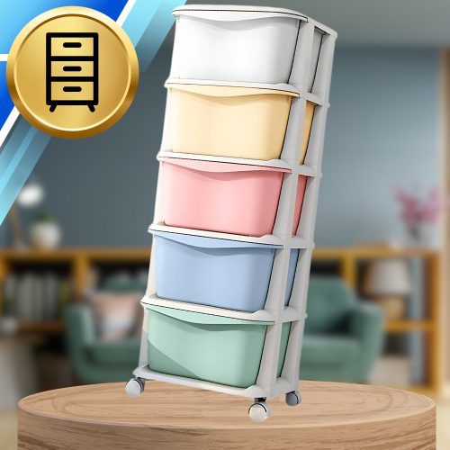 Összecsukható műanyag tárolópolc 5 színes fiókkal és kerekekkel 89x35x36cm