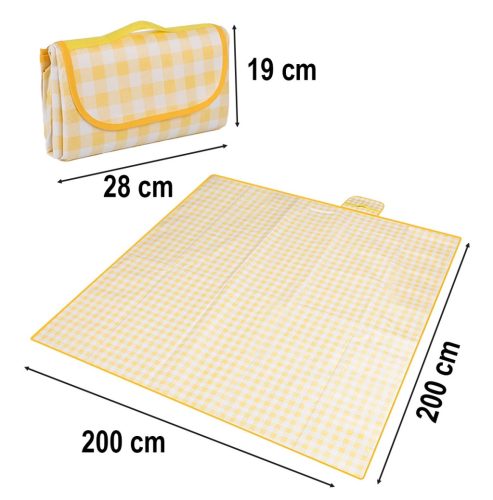Piknik, strandtakaró, kempingszőnyeg, vízálló, hordozható, nagy, 2x2m, sárga, kockás