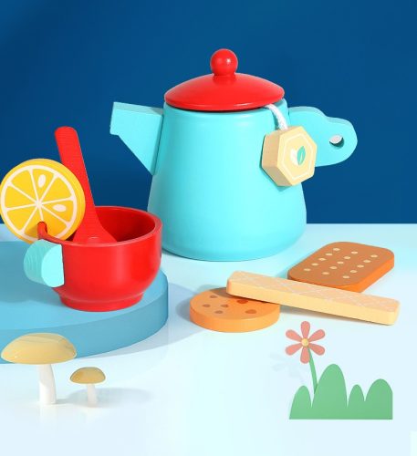 17 darabos tea- és kávékészlet, fa csészékkel, tálcán