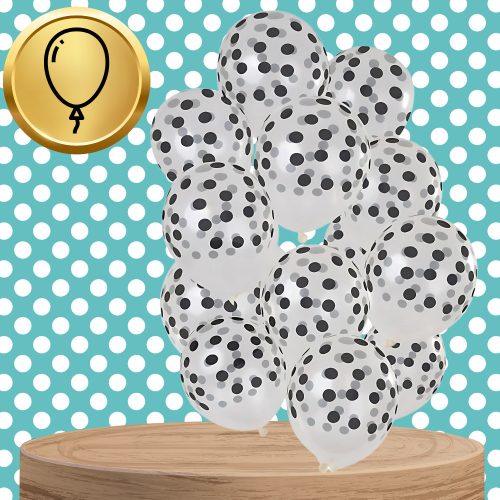 Nagy átlátszó lufik fekete pöttyökkel, 15 darab