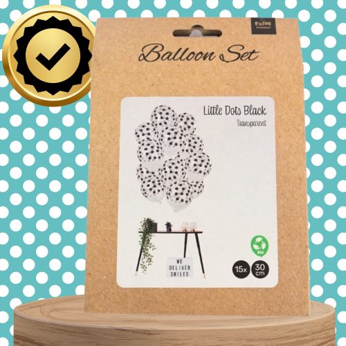 Nagy átlátszó lufik fekete pöttyökkel, 15 darab