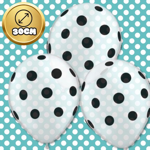 Nagy átlátszó lufik fekete pöttyökkel, 15 darab