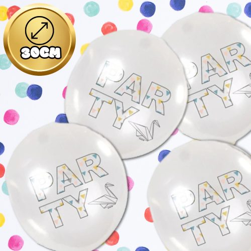 Átlátszó lufik origami Party felirattal, 12 db, fehér