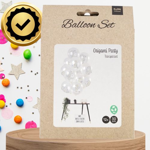 Nagy átlátszó lufik origami mintával, 12 darab, első születésnapra, fehér