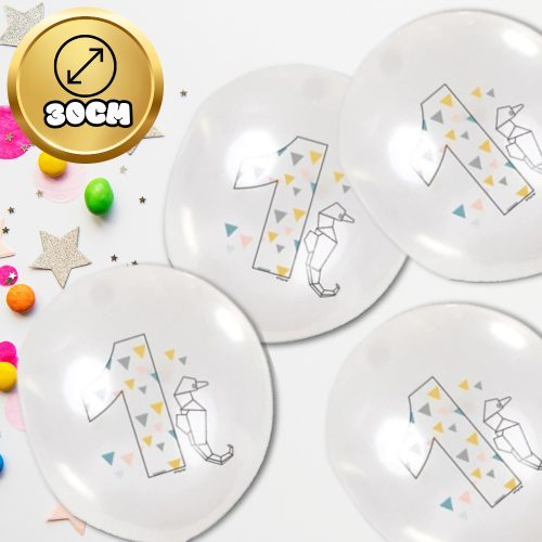 Nagy átlátszó lufik origami mintával, 12 darab, első születésnapra, fehér