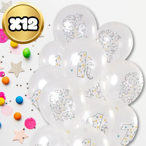 Nagy átlátszó lufik origami mintával, 12 darab, első születésnapra, fehér