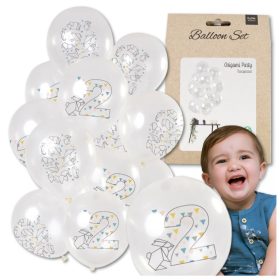   Nagy átlátszó lufik origamival és 2-es számmal, 12 db, fehér