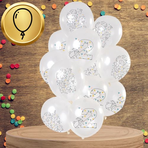 Nagy átlátszó lufik origamival és 2-es számmal, 12 db, fehér