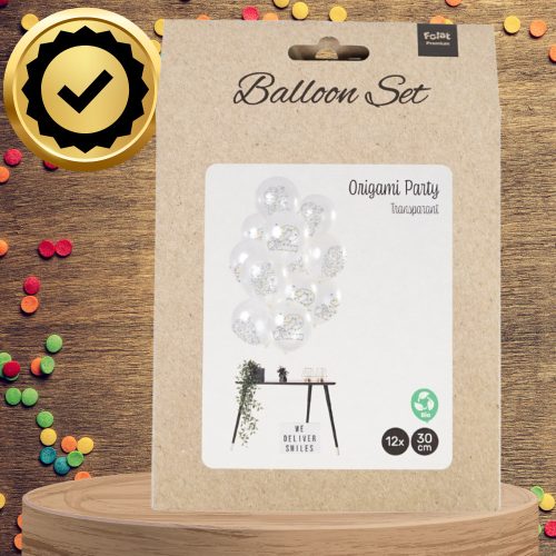 Nagy átlátszó lufik origamival és 2-es számmal, 12 db, fehér