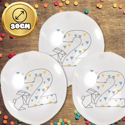 Nagy átlátszó lufik origamival és 2-es számmal, 12 db, fehér