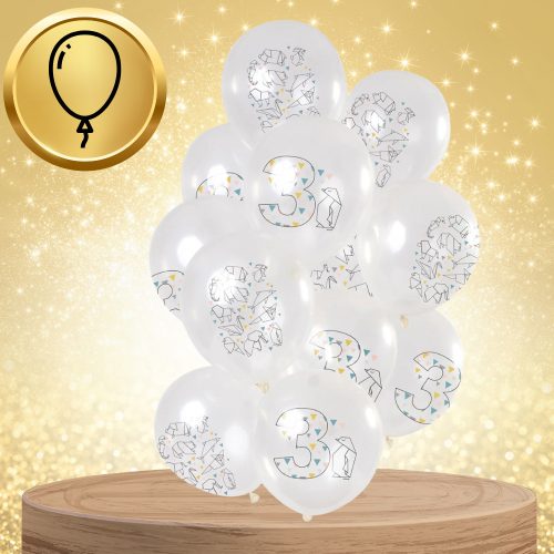 Nagy átlátszó lufik origamival és 3-as számmal, 12 db, fehér