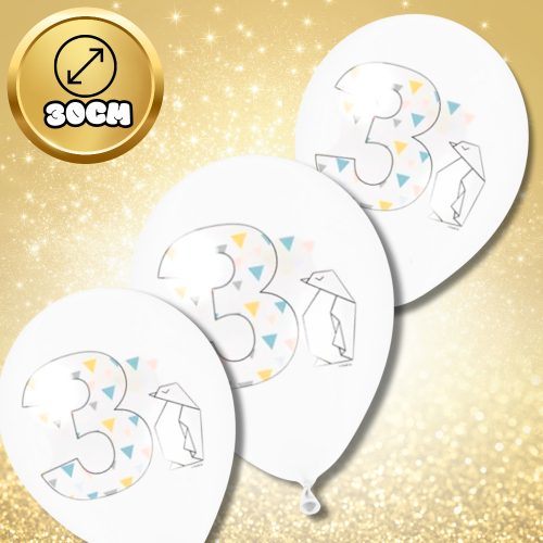 Nagy átlátszó lufik origamival és 3-as számmal, 12 db, fehér