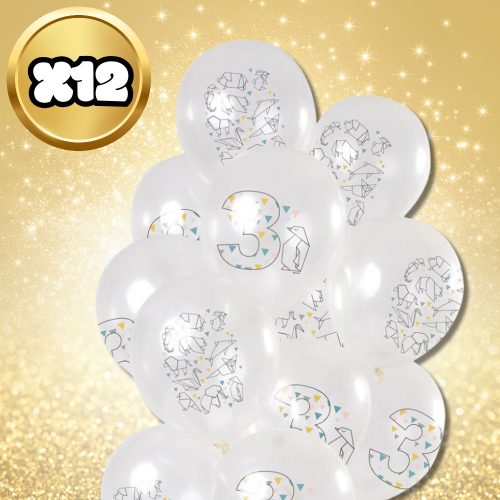 Nagy átlátszó lufik origamival és 3-as számmal, 12 db, fehér
