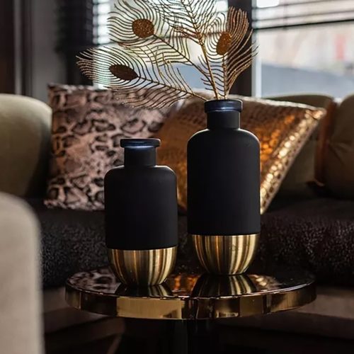 Virágváza, matt, fekete és arany, üveg - fém, 31 cm