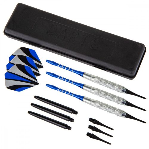 3 db-os darts és doboz készlet, Enero, acél/műanyag, fekete/kék