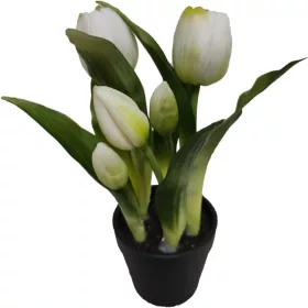   tulipánok edében 5 db, fehér, 23 cm-es, mint élő, gumibevonatos