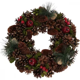   díszkoszorú, 33 cm, zöld, tobozokkal, levelekkel és berkenyével