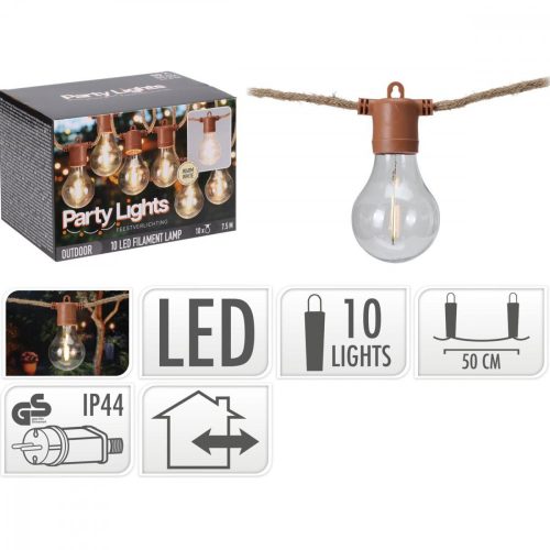 kerti lámpafüzér party light 10led/ 7,5m barna