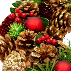 Díszkoszorú 34Cm Zöld Fenyőkkel És Csillámgolyókkal