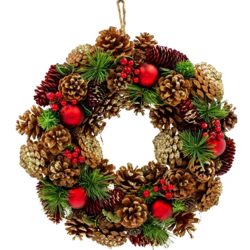Díszkoszorú 34Cm Zöld Fenyőkkel És Csillámgolyókkal