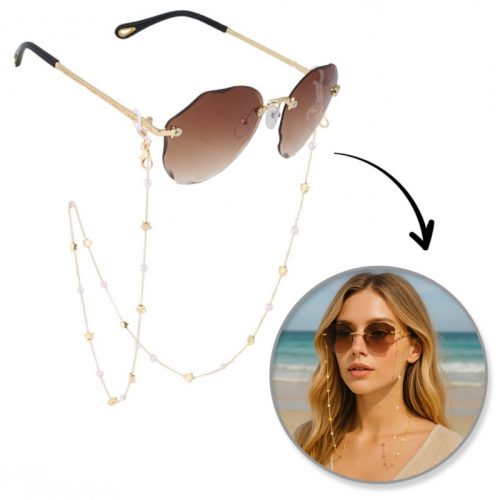 Vékony arany szemüveglánc gyöngyökkel és csillagokkal 72cm LDK09