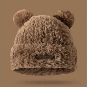 Plüss téli sapka mackó fülekkel, folttal, barna CZ32WZ1