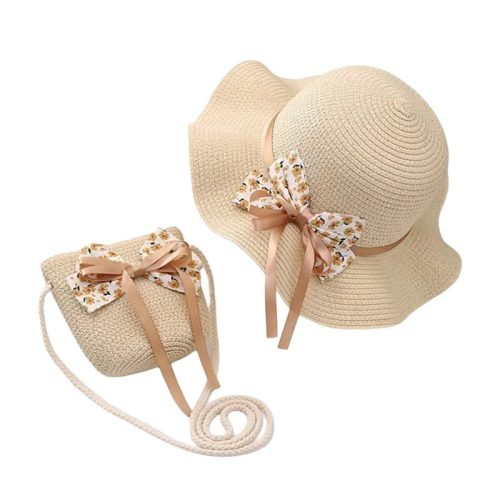 Lányka táska és sapka szett, 52 cm, szalma masni CZ42