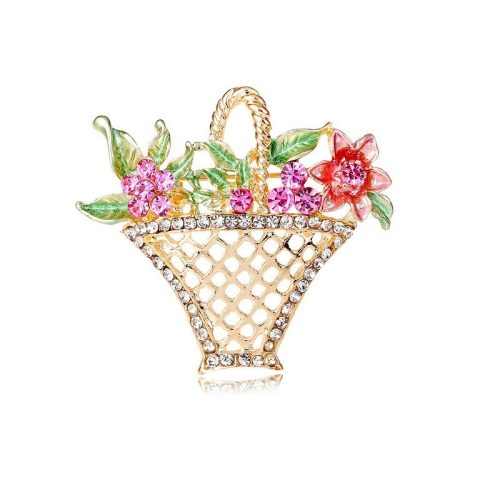 Dekoratív bross kristálykosár virágokkal BZ137