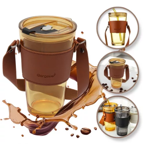 Színes üveg bögre kávéhoz vagy teához, szívószállal és kupakkal 450 ML CUP09BR