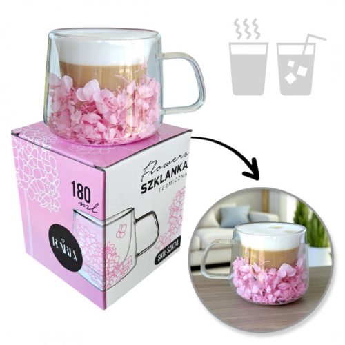 Hortenziával díszített termoszüveg, világos rózsaszín, 180 ml, 1 db. SZK74