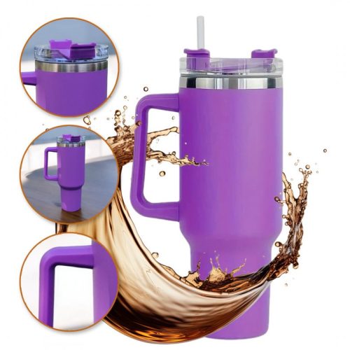 NAGY KAPACITÁSÚ TERMOSZ BÖGRE FÜLLEL ÉS SZÍVÓSZÁLLÓVAL, 1L, LILA POHÁR11