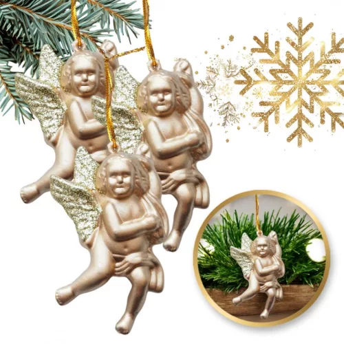 Függő arany angyalkák, gömbdíszek 3 db-os szett, karácsony WOZ02