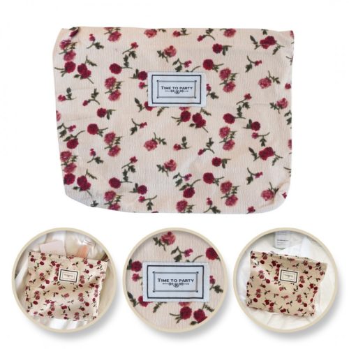 Egyrekeszes bézs kozmetikai táska piros virágokkal 25 x 5 x 18 cm KS117