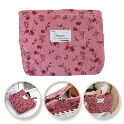 Egyrekeszes rózsaszín kozmetikai táska piros virágokkal 25 x 5 x 18 cm KS118