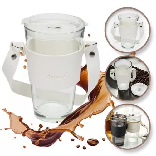 Üveg kávés-teás bögre szívószállal és zárókupakkal 450 ml CUP09B