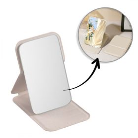  Kozmetikai tükör öko bőrből, nyitható, álló, kézitáskába, krémszínű L17K