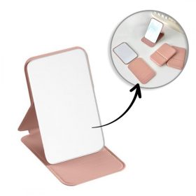   Kozmetikai tükör ökobőrből, nyitható, álló, rózsaszín kézitáskához L17R