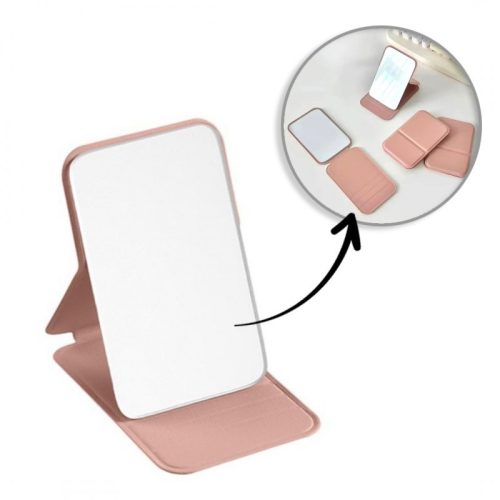 Kozmetikai tükör ökobőrből, nyitható, álló, rózsaszín kézitáskához L17R