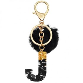   "J" BETŰS kulcstartó, fekete és arany pomponnal, gyanta BRL342J