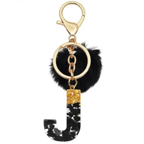 "J" BETŰS kulcstartó, fekete és arany pomponnal, gyanta BRL342J