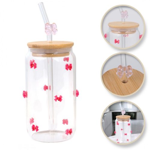 Üveg, rózsaszín masnik cirkonokkal - szívószállal és bambusz fedéllel 460 ml - SZK135