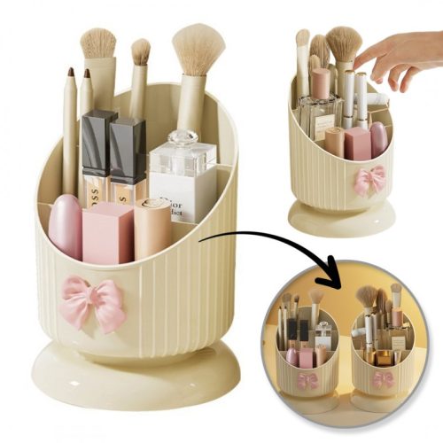 Ecsetrendező, krémszínű, rózsaszín masnival 15,8 x 11 cm CB67