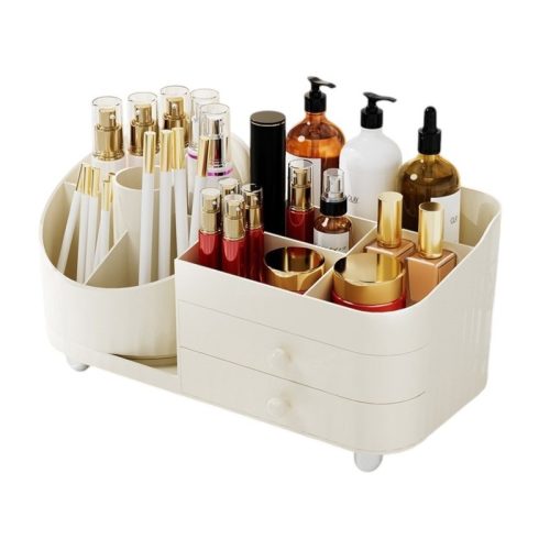 Ecsettartó, kozmetikumokhoz, forgatható, fiókokkal, krémszínű 31 x 14,5 x 11,6 cm CB66