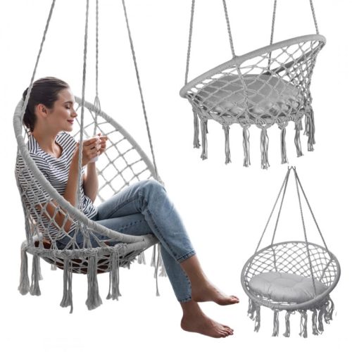 Gólyafészek függőszék, függőágy, BOHO, hinta párnával, szürke KR33SZ