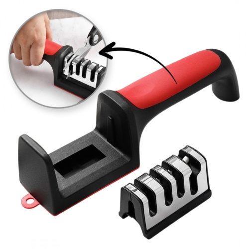 Konyhai kések és ollók késélező, háromfázisú fenőkő, fekete és piros KU01