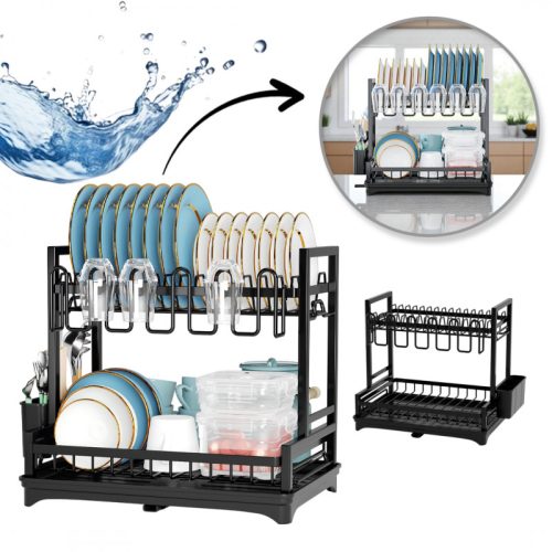 Kétszintes edény- és evőeszközszárító állvány, csepegtető tálcával 42x30x38cm SU06CZ