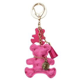   Fukszia színű, rojtos bőr kulcstartó, mackó mintával, BRL357